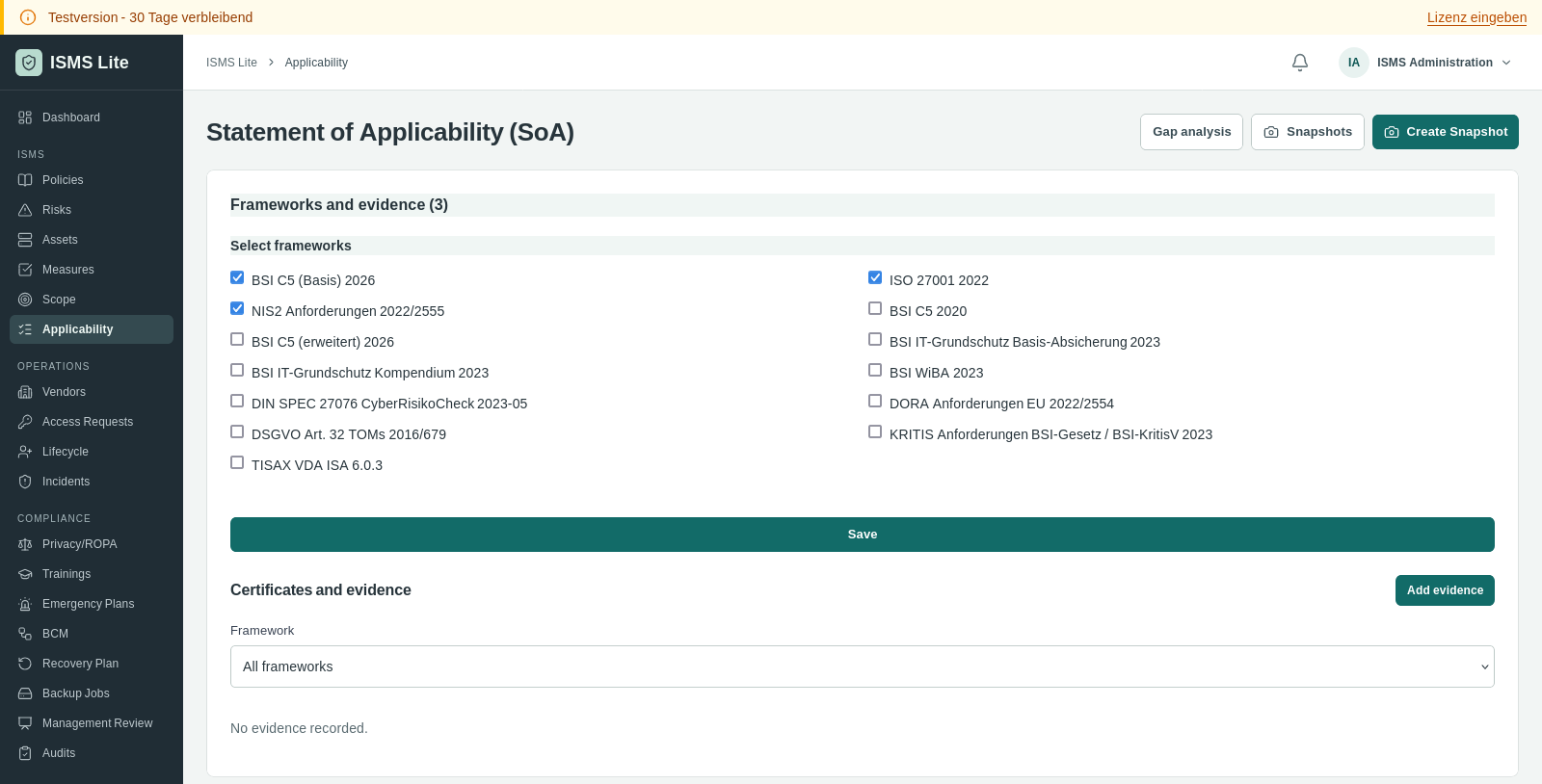 Expanded framework selection with ISO 27001, BSI C5 and NIS2 checked and the Save button below