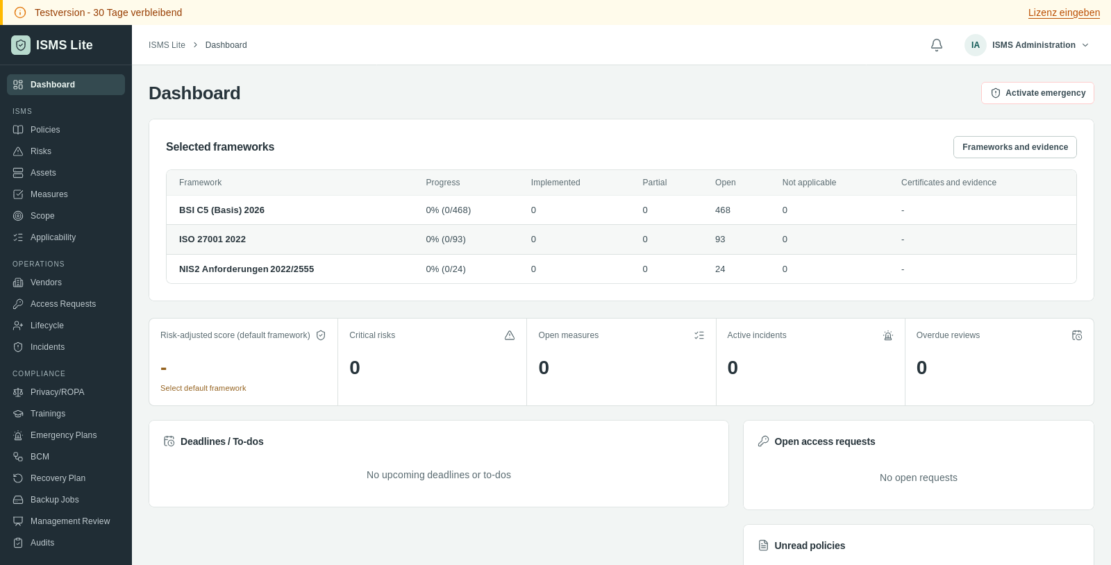 Dashboard showing separate progress rows for BSI C5, ISO 27001 and NIS2