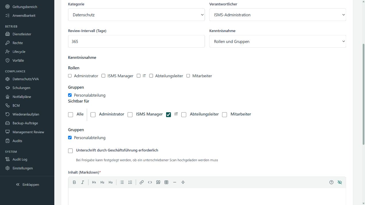 Richtlinie mit Personalabteilung als Kenntnisnahmegruppe sowie IT und Personalabteilung unter Sichtbar für