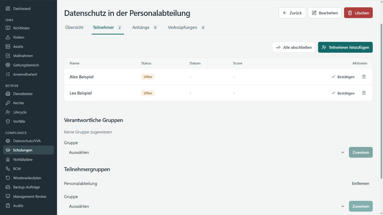 Schulung mit Alex Beispiel und Lea Beispiel in der Teilnehmerliste und Personalabteilung als zugewiesener Teilnehmergruppe