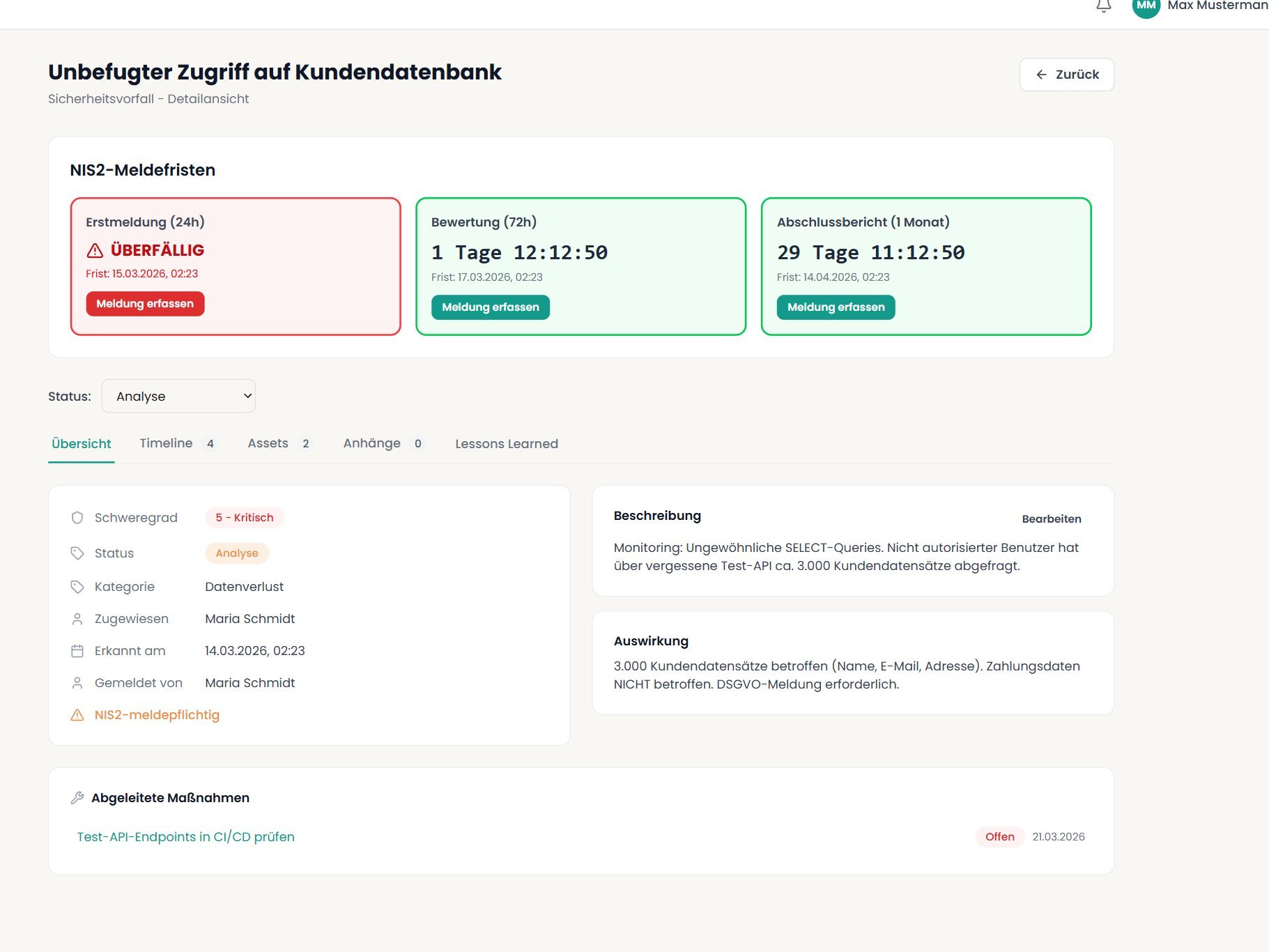Screenshot: Vorfall mit NIS2-Countdown