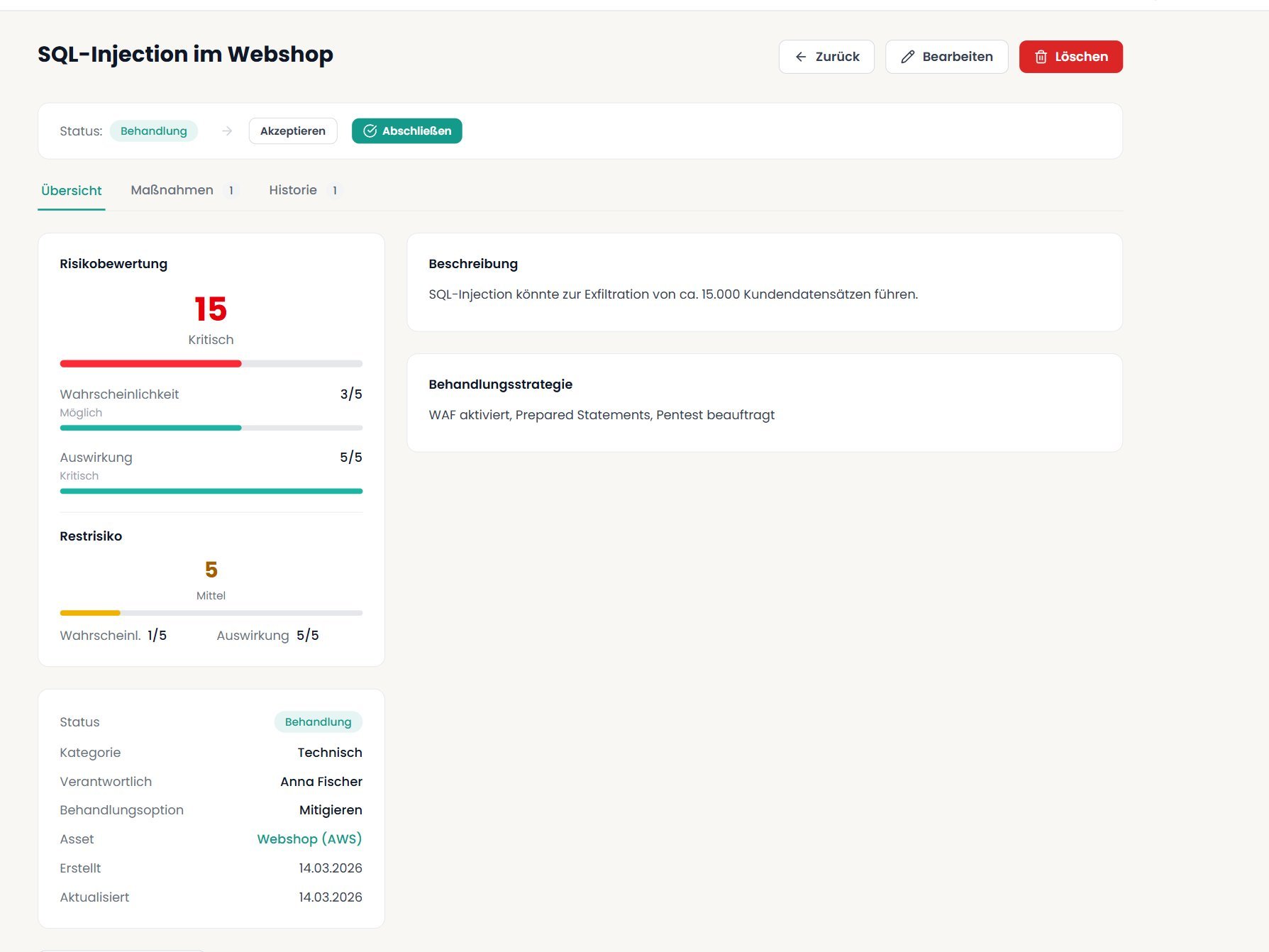 Screenshot: Risikobewertung mit Maßnahmen